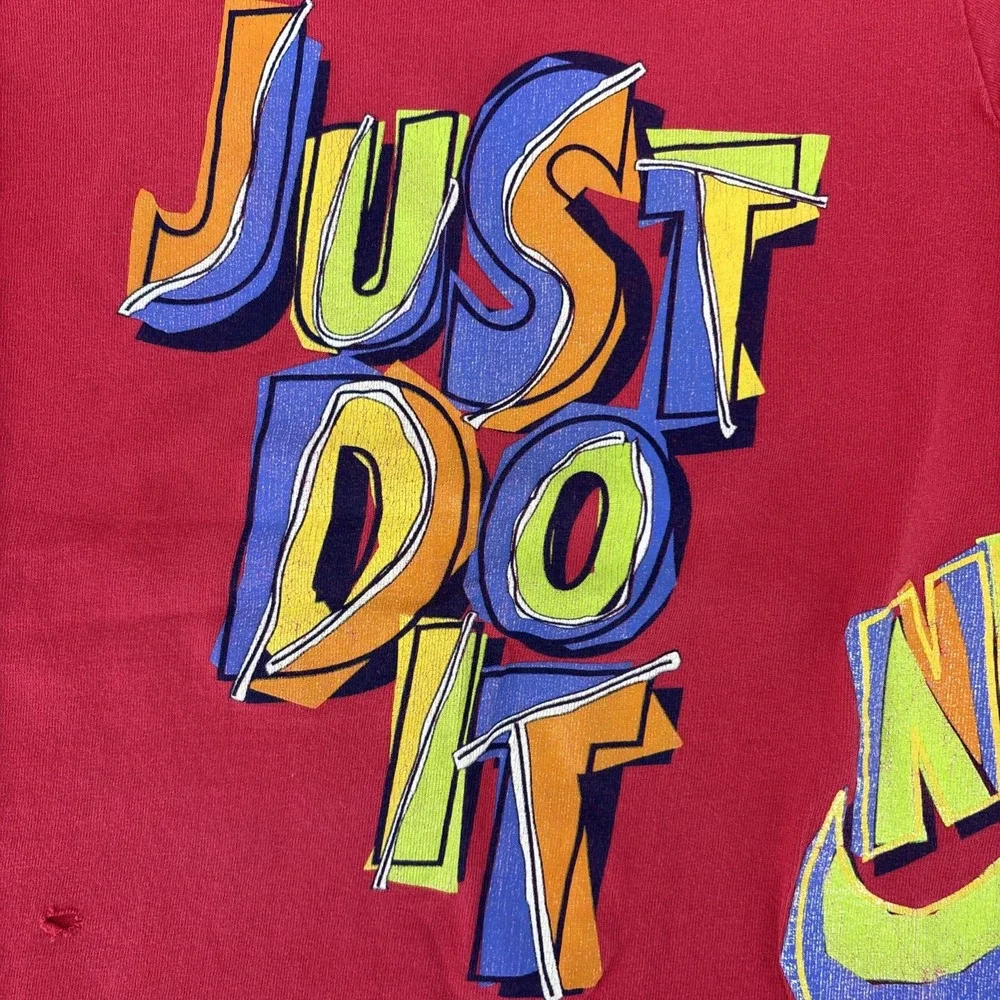 Nike‎ Vintage 90s T-shirt Kids Medium Just Do It Swoosh Made in USA Red FLAW*